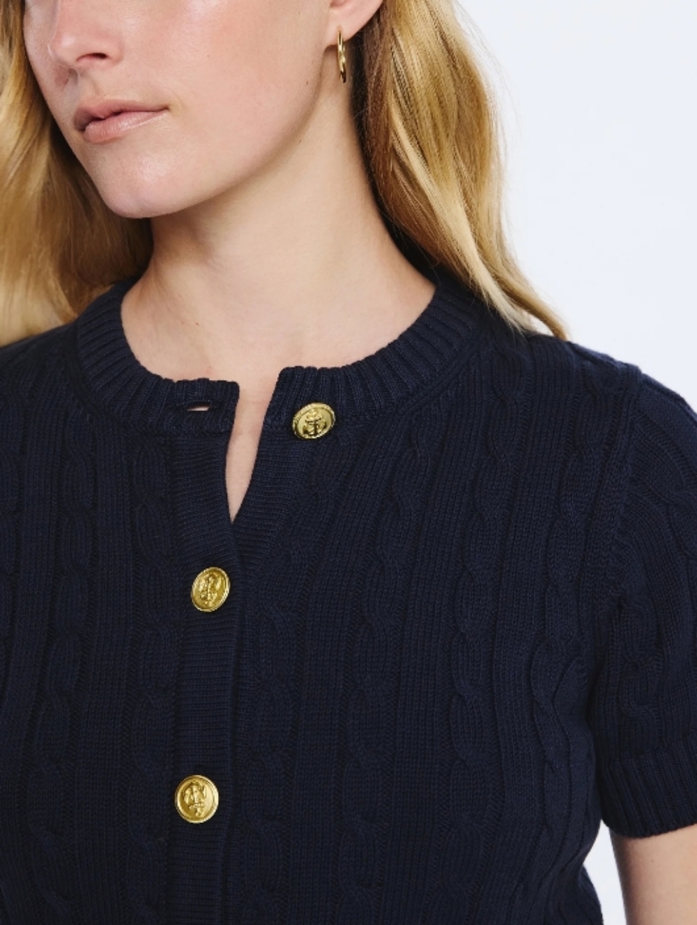 Free Assembly Cotton Gold-Button Navy Cable Knit Short Sleeve Sweater XL
